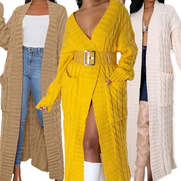 Long Sleeve Front Pockets Yellow Long Knit Cardigan Sweater Jacket NEW - Picture 4 of 4